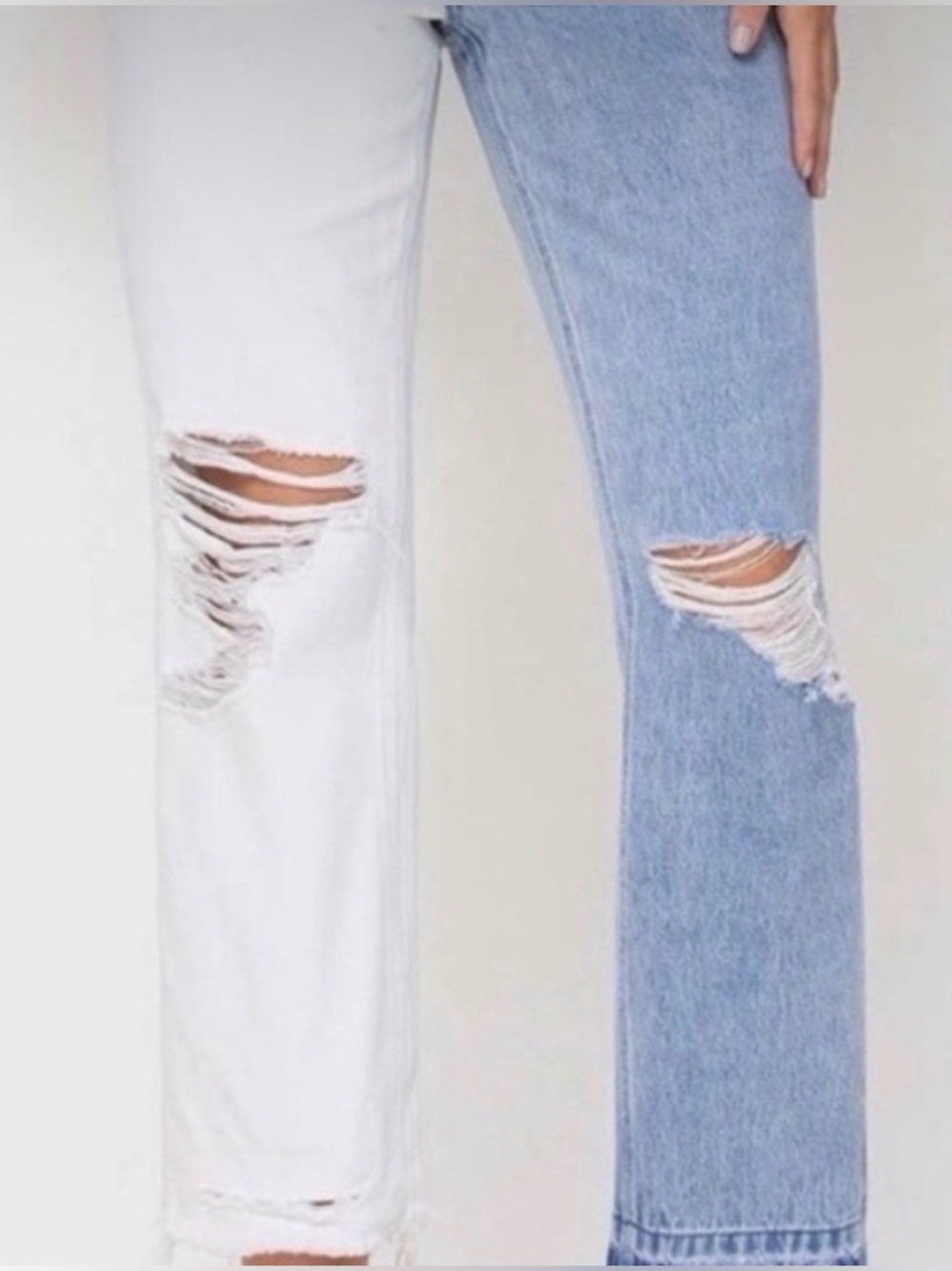 Two-Tone White and Light Blue Cropped Distressed Jeans - Picture 3 of 10